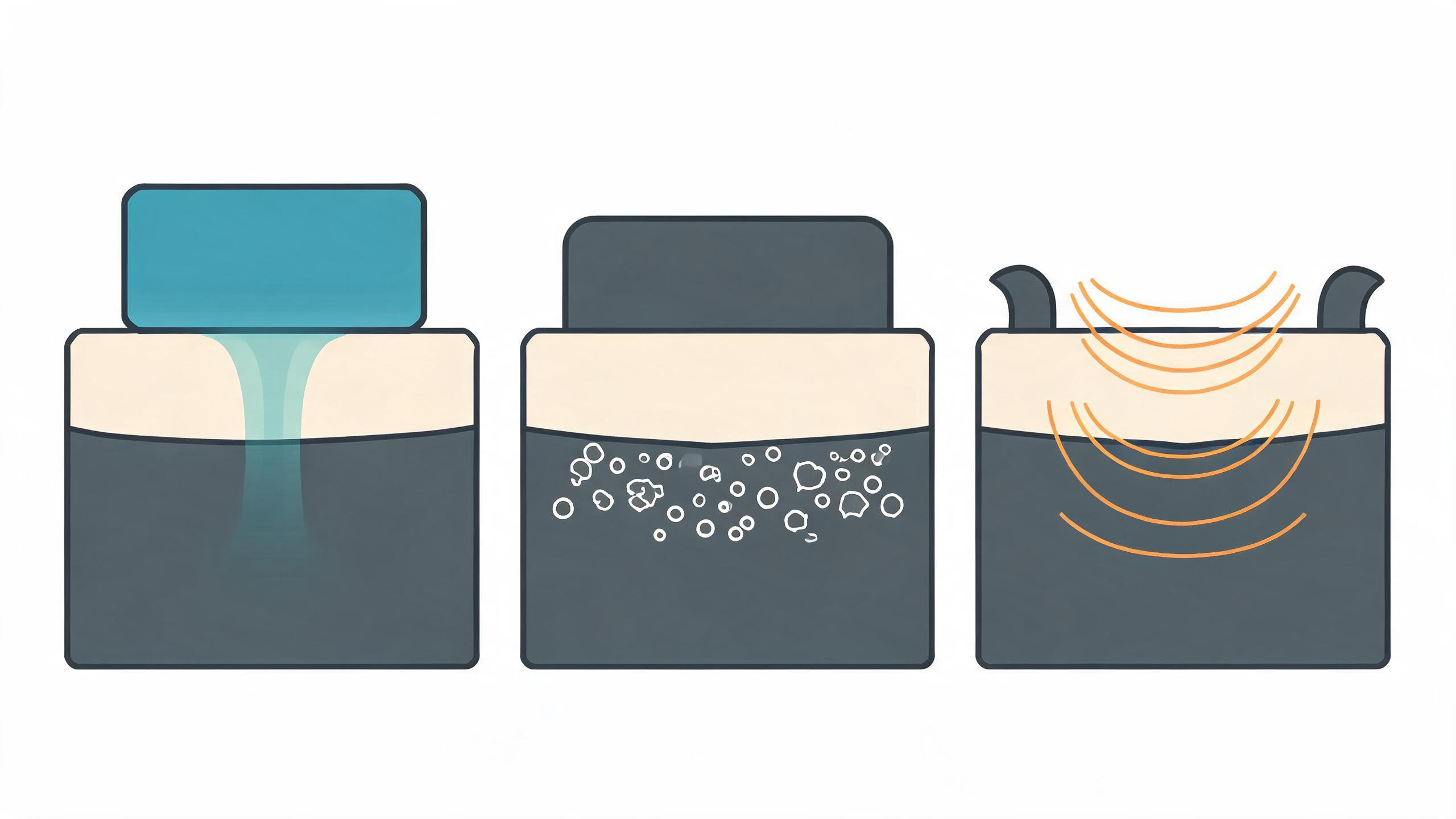 Schematic: fat layer under skin treated three ways, by cooling, by ultrasound cavitation bubbles and by radiofrequency heating