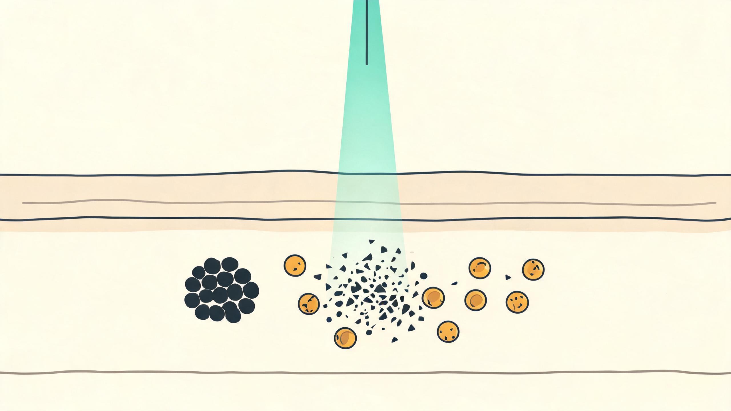 Schematic: nanosecond laser pulses shattering ink particles in the dermis into fragments that the body clears
